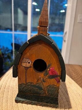 Hand-Painted Wooden Birdhouse with Red Cardinal Accent